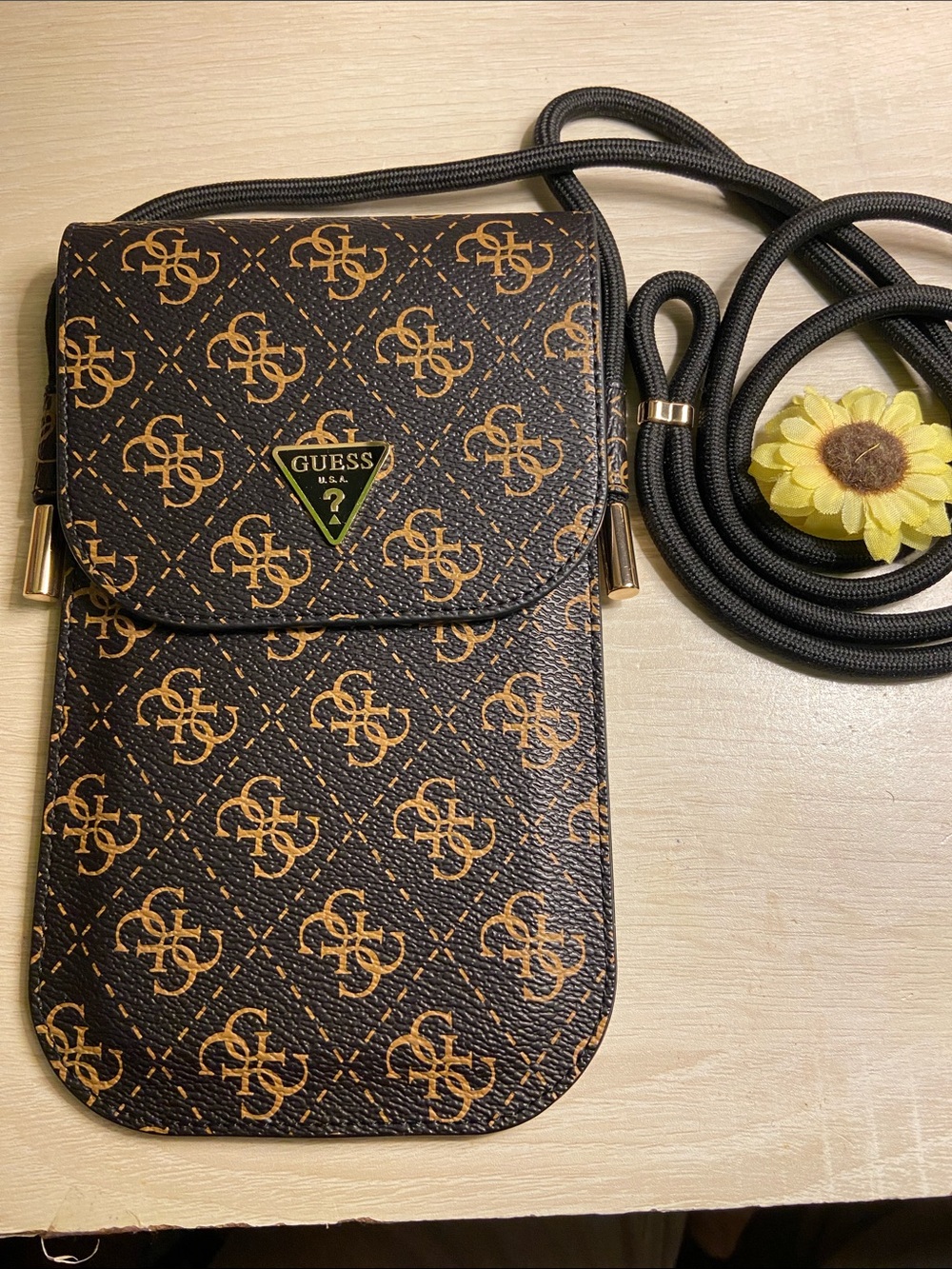 GUESS Brown Monogram Phone Crossbody with Gold Logo
